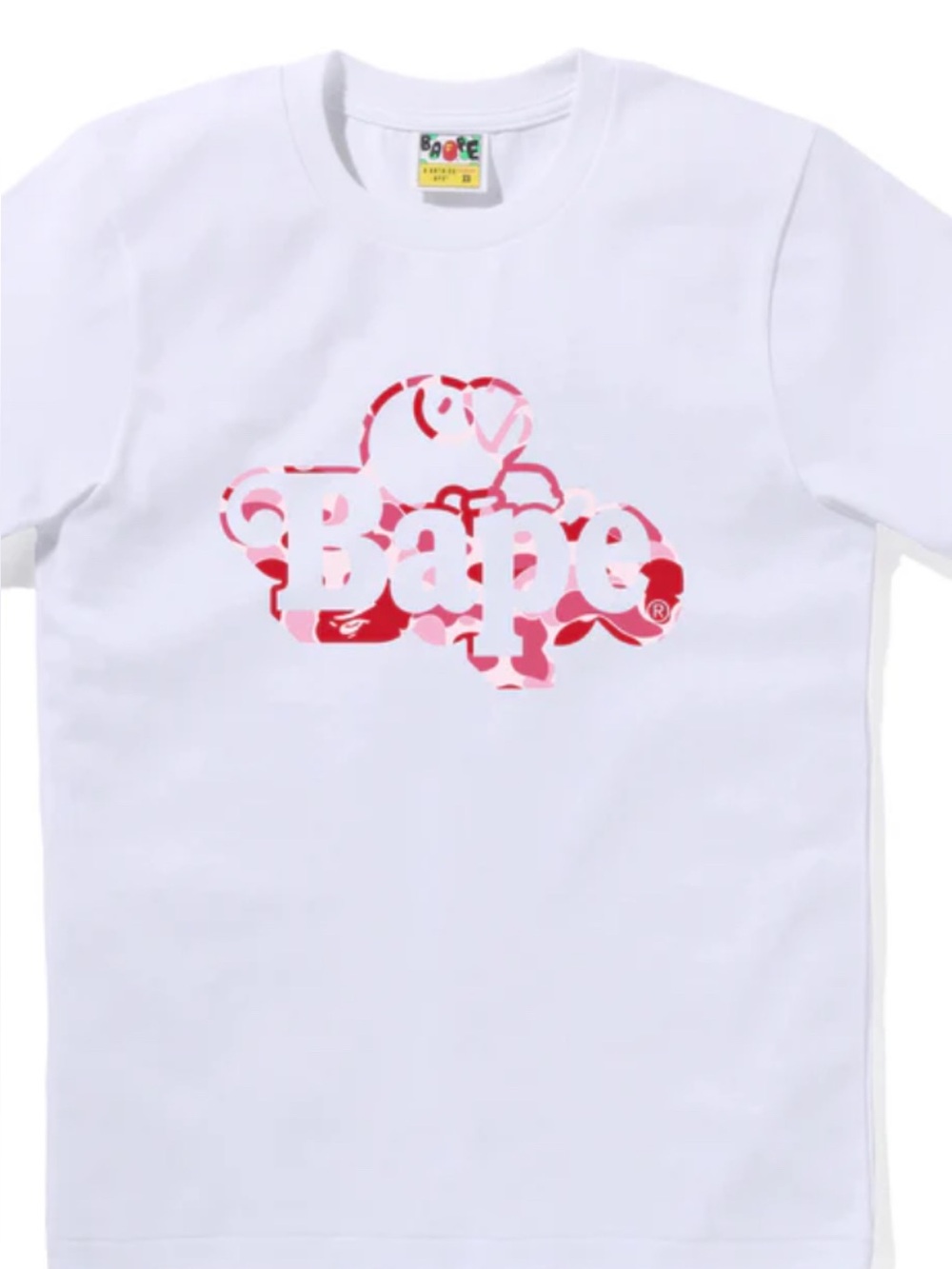 Bape White Tee with Pink & Red Camo Logo
